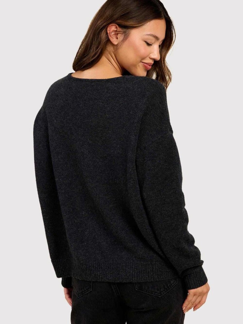 Women's Long Sleeve V-Neck Cozy Knit Boxy Pullover Sweater - a New Day™ Black L - Picture 2 of 5